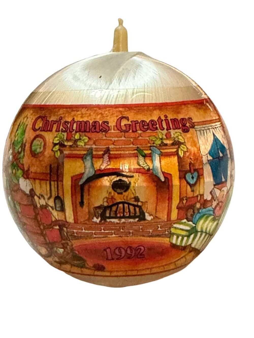 Vintage 1992 General Foam Plastics Christmas Memories Satin Ball Ornament Firepl